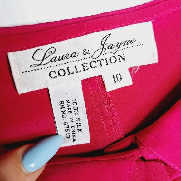 Vintage 90s Laura & Jayne 100% Silk Blouse Top Bow Peter Pan Collar Fuchsia 10 - Picture 5 of 11